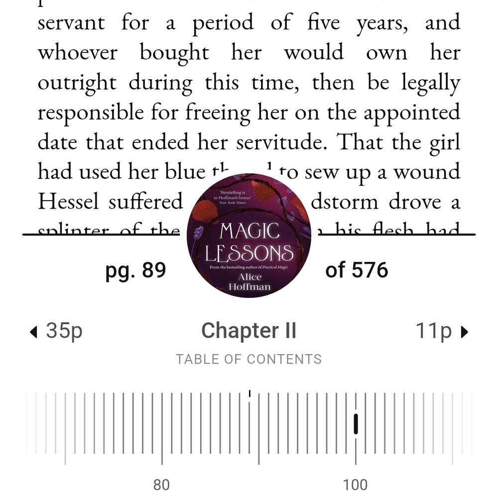 Screenshot of Libby app showing the page I'm reading of Magic Lessons by Alice Hoffman 