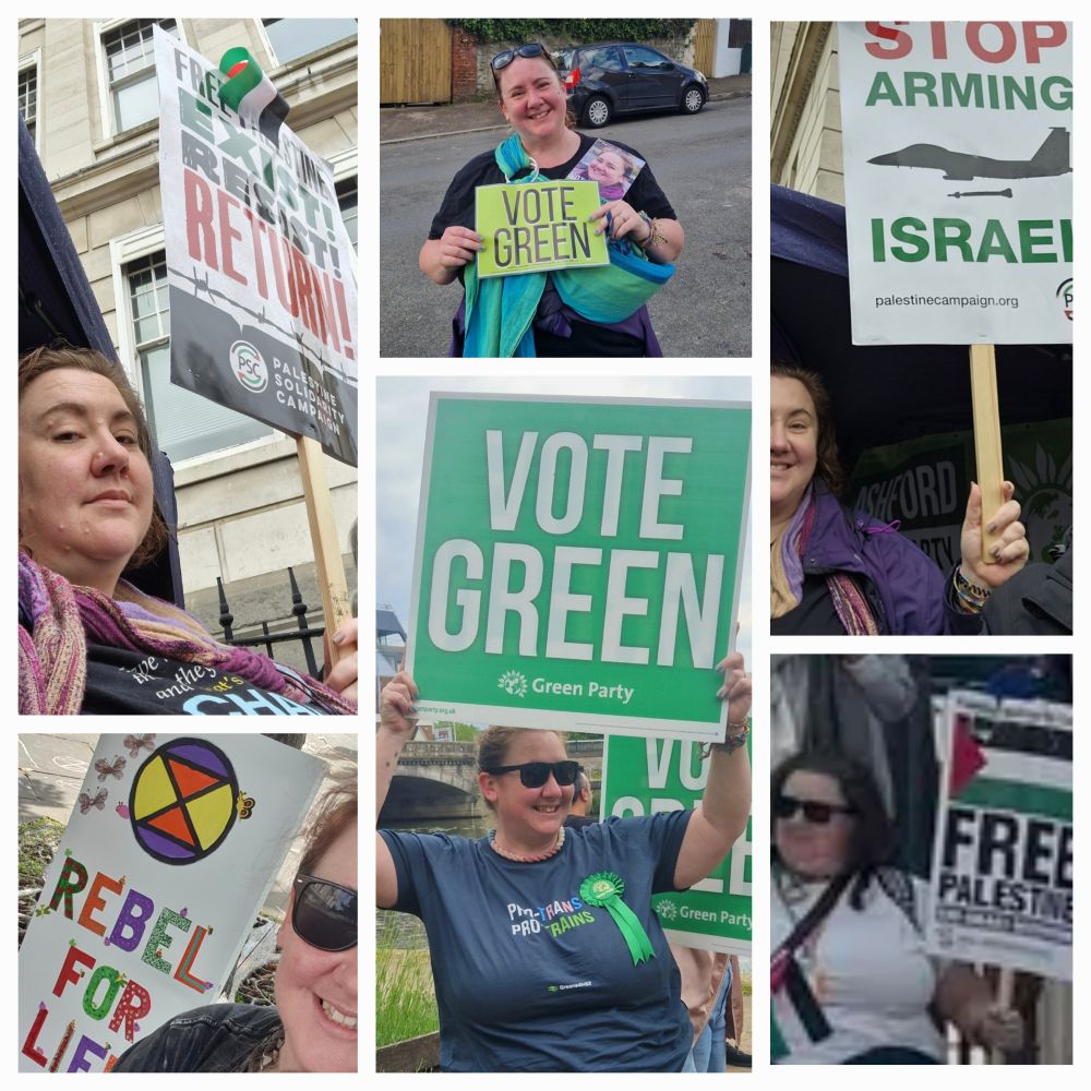 A collage of photos of me holding different signs saying: Free Palestine, vote Green, Rebel For Life, Stop Arming Israel. In the middle photo I'm wearing a tee that reads Pro Trans, Pro Trains 