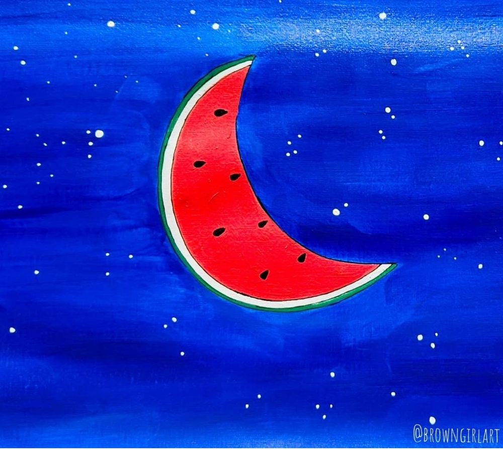 An painting of a slice of watermelon in the shape of a crescent moon on a royal blue background with white stars, in the bottom corner the tag of the artist @browngirlart is visible 