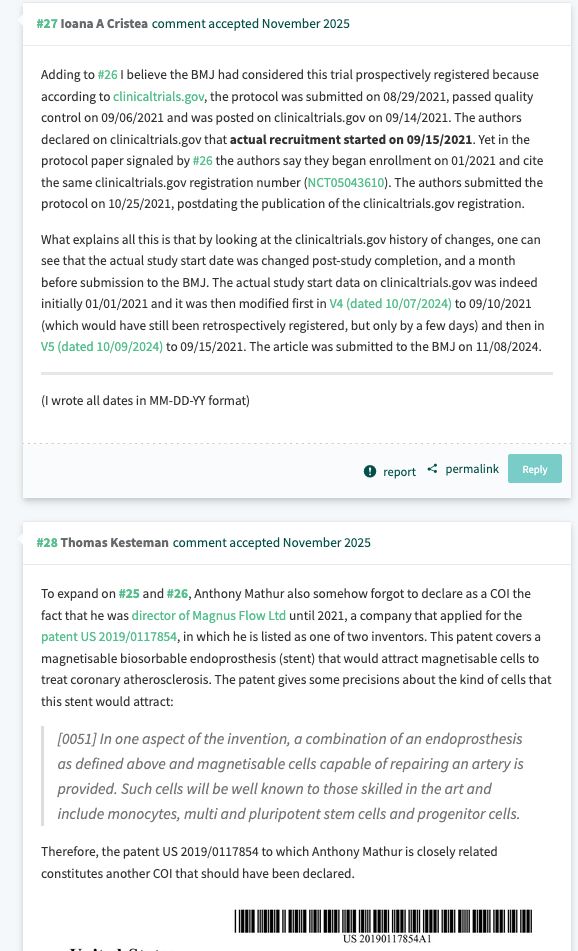 screenshot of PubPeer comments like Ioana A Cristea and Thomas Kesteman pointing to issues with clinical trial registration dates and an undeclared conflict of interest