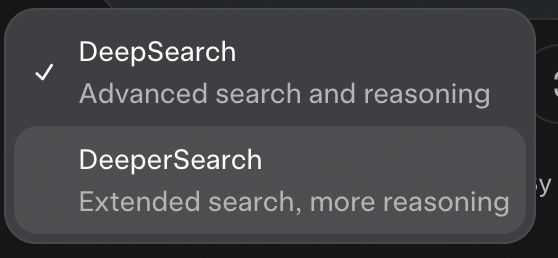 screenshot of Grok 4, buttons to select Deepsearch or DeeperSearch