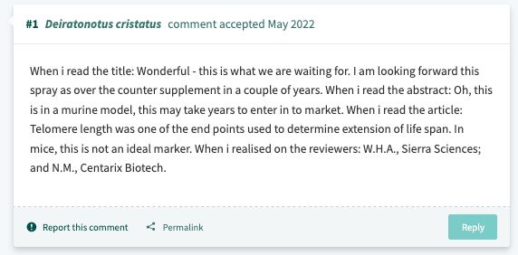 screenshot of a pithy PubPeer comment about a user, Deiratonotus cristatus mentioning issues with the title, abstract, article, and reviewers of a PNAS paper on longevity research in mice
