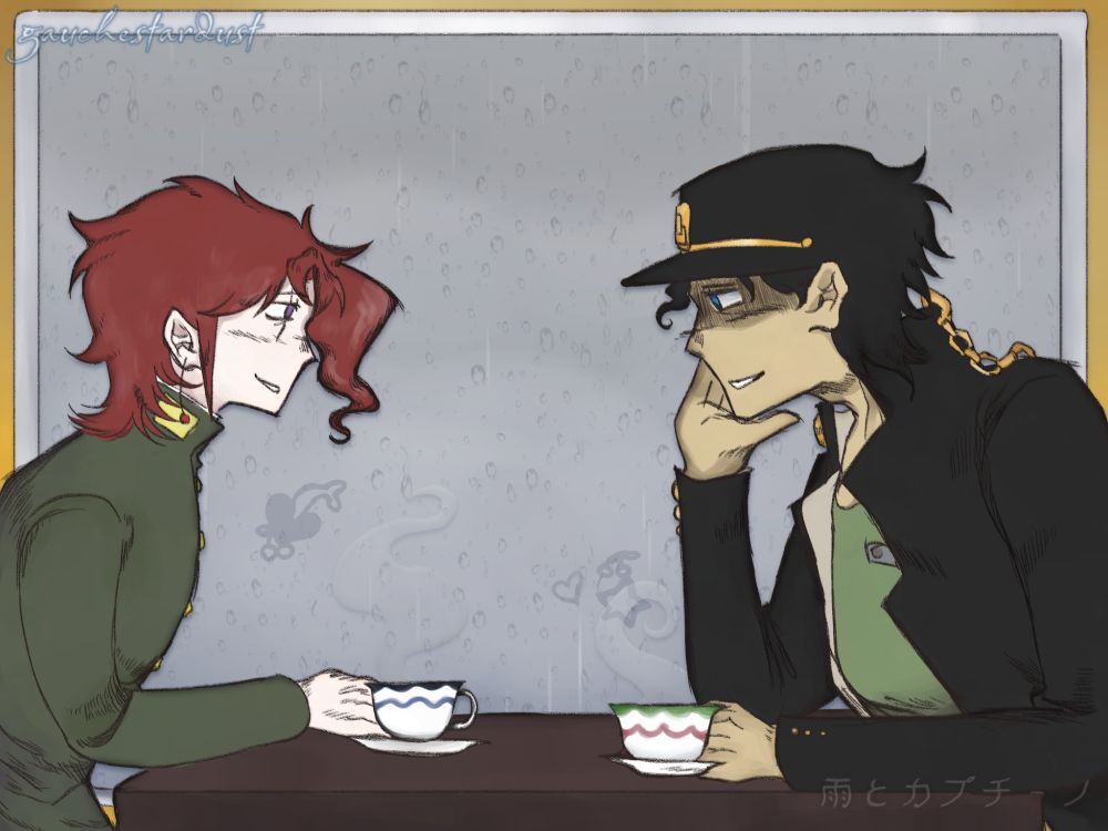Noriaki Kakyoin and Jotaro Kujo at a café, with the rain in the background.