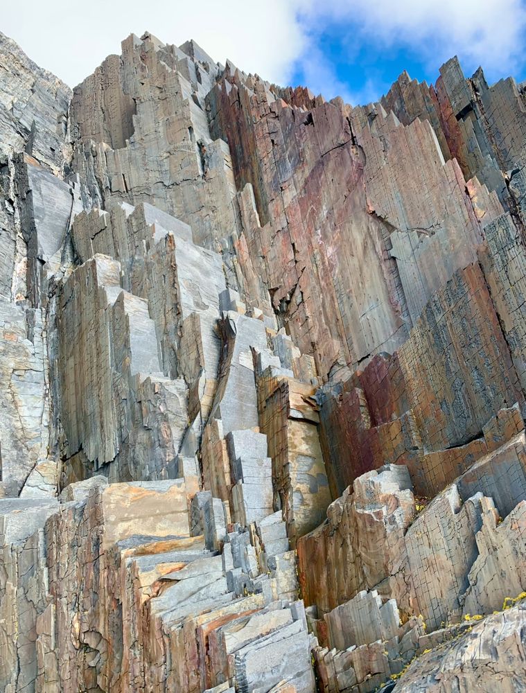 Picture of seaside cliffs. The cliffs are mane up of hundreds of layers, each ranging from less than an inch to several inches thick. The rock is largely grey with some muted yellow, orange and red patches. 