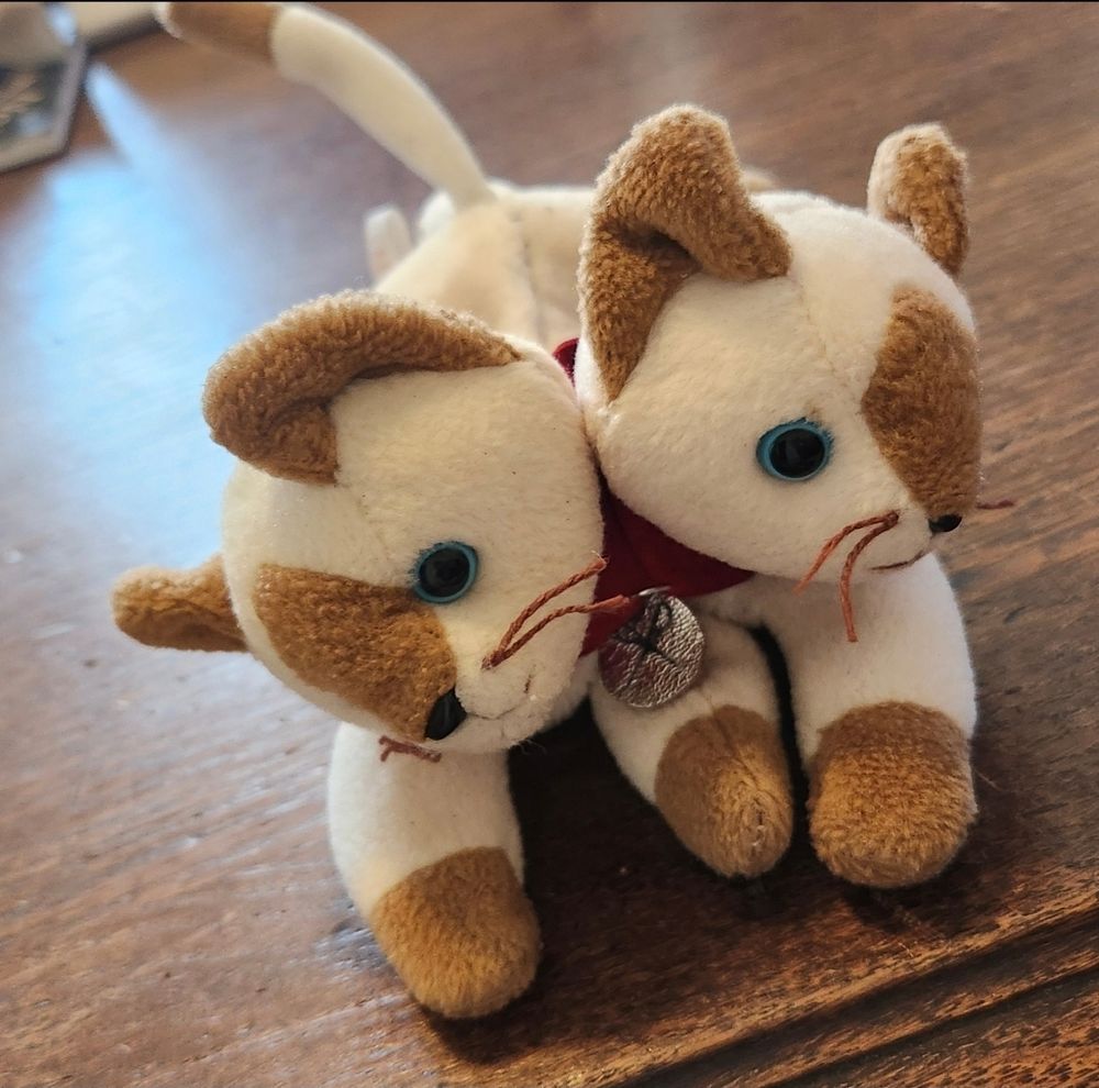 Front view of a two headed beanie baby cat with three front legs and a red suade collar with a silver leather tag with scissors on it.