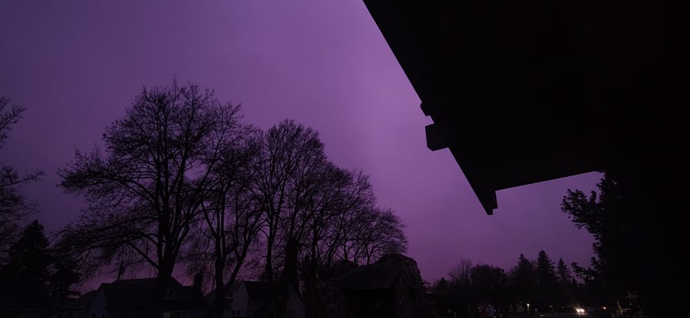 Indigo twilight sky, a corner of the roof and silhouetted trees.