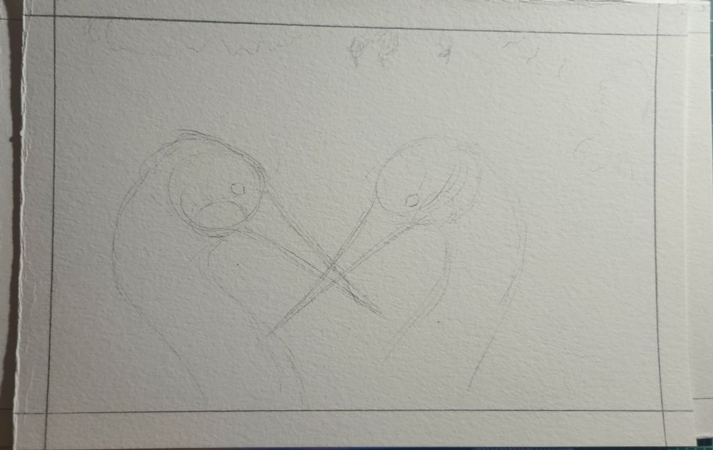 Rough sketch of two red-cheeked cranes with beaks tenderly crossed.