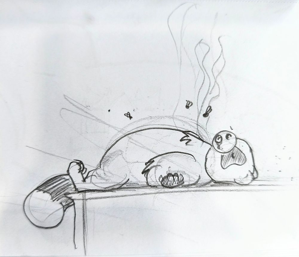 A raccoon drawing, laying on the sidewalk.