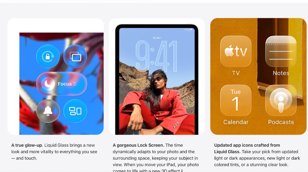 Three iPad screens showing new Liquid Glass with low-contrast, translucent UI; glowing buttons and text blend into vivid or complex backgrounds.