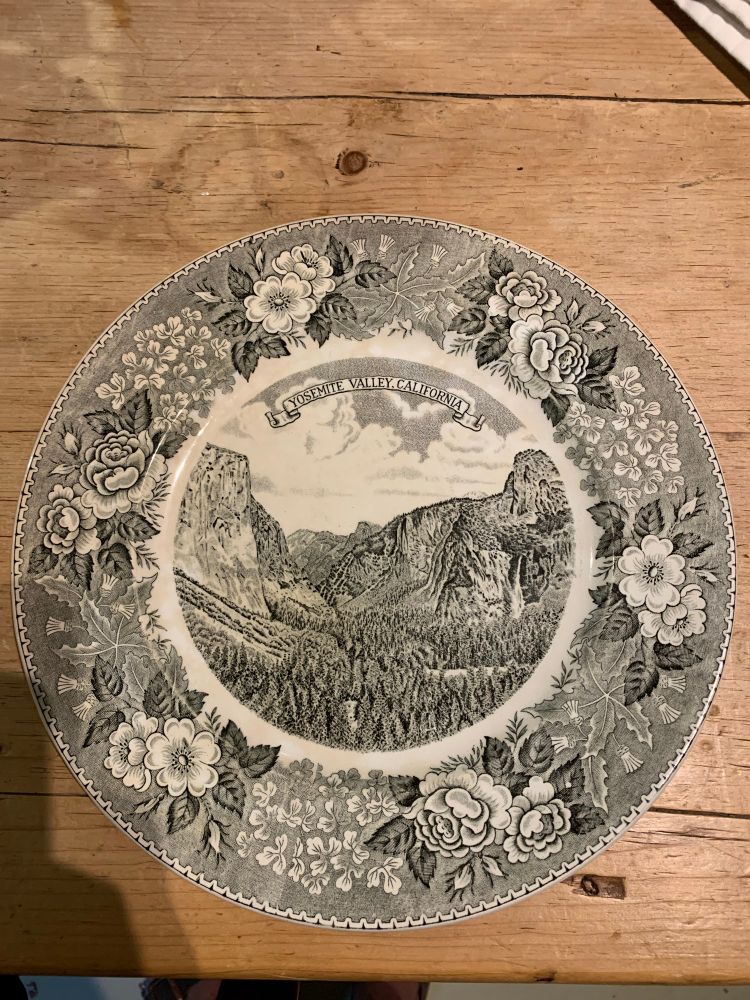 Early C20th English transfer-ware with scene of Yosemite Valley and floral border.