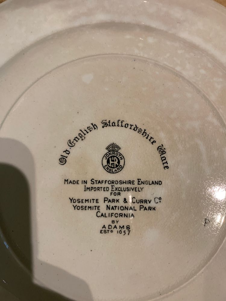 Reverse of plate ‘Old English Staffordshire Ware’ for Yosemite Nat’l Park.
