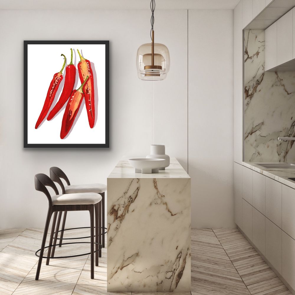 Framed art shown in a display room.