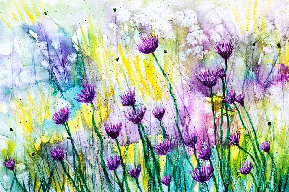 Wildflowers On A Sunny Day is a bright and cheerful watercolor landscape painting done in a loose, wet-in-wet style. Frothy purple flower tops on tall green stems lean toward the bright, warm sun. Yellow light filters through abstract hints of other blooms and grasses strewn throughout the background. Spring greens and blues anchor the base of the painting.

As you view this painting you can almost feel the warm sun on your face and hear the buzz of nearby bees greedily working the blooms. Conjure up the smell of damp earth, green grass, sweet flowers. Feel the soft afternoon breeze as it rustles your hair and bends the flowers on their slender stems. Pleasure perfected!