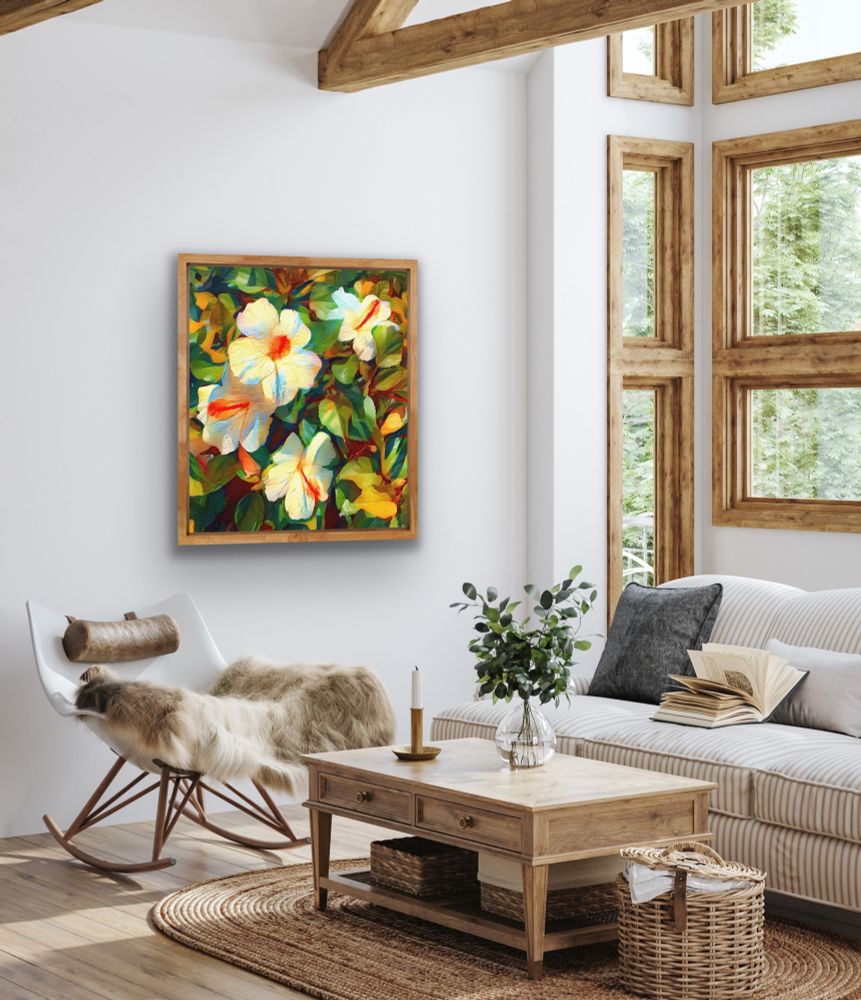 Framed art shown in a display room.