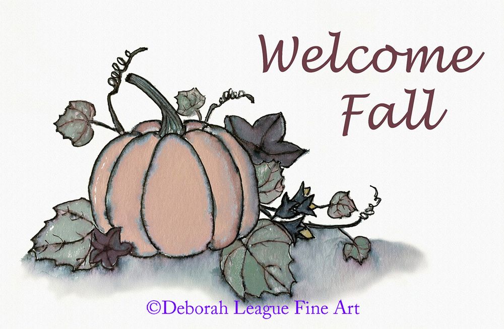 Seasonal art, perfect for autumn decor.  Fall Pumpkin watercolor painting with text sentiment.  Cozy harvest pumpkin with vines, leaves, flowers, and squash blossoms accompanied by the words "Welcome Fall".