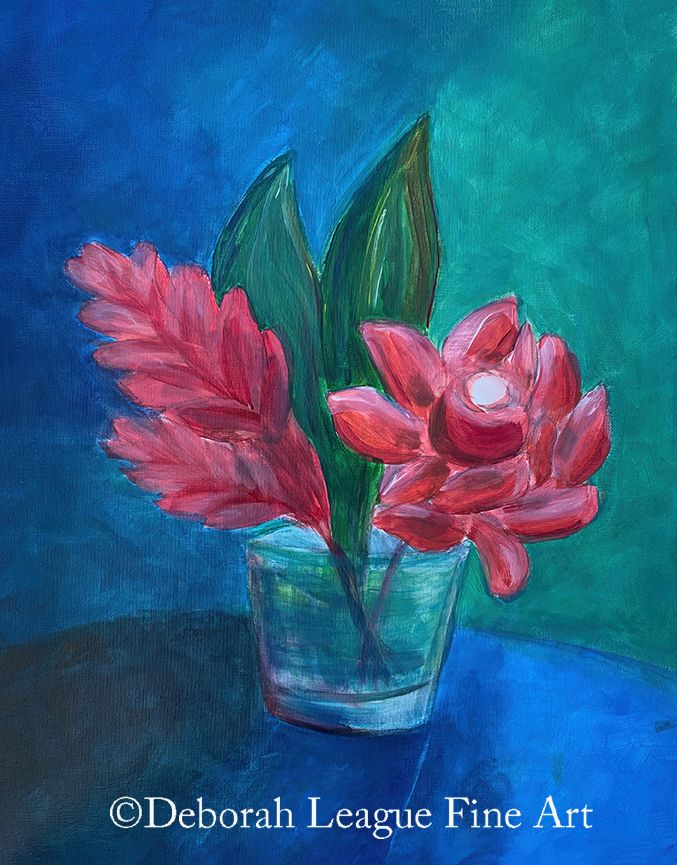 Red Ginger In Glass acrylic painting. Dramatic red ginger blooms and tropical green leaves are casually arranged in a drinking glass and displayed on a blue, round table. Shadows created by the late afternoon sun illuminate the side of the table and flowers closest to the unseen window, leaving the far side in shades of moody blue
