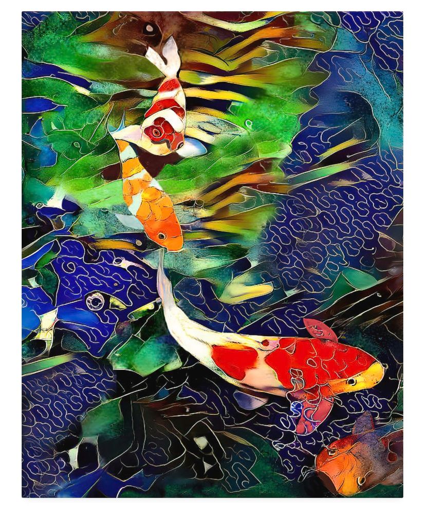 Cloisonne Koi Mixed Media Painting. Abstract rendition of colorful Koi fish swimming among green plants in blue water. Bubbles and ripples mark the surface of the pond. The painting looks like cloisonne, an ancient metal working technique using a multi-step enamel process to create decorative arts whereby colorful glass is placed within enclosures of metal wires. The term cloisonne is French, meaning to be compartmentalized, be cut off from one another, to feel cut off, or shut out.

Beautiful, colorful and tranquil Asian inspired image for home or office.