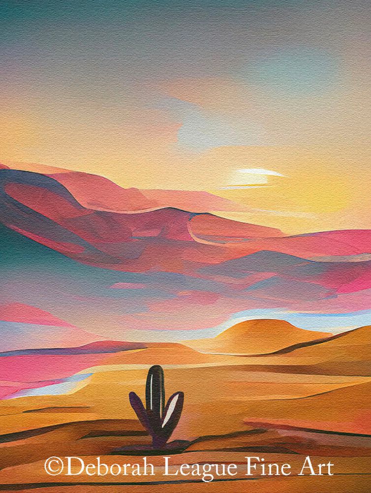 Saguaro In The Desert Abstract. Digitally created in the warm colors of the southwest; rosy mountains, burnished sand, endless glowing sky and a single Saguaro cactus placed in the foreground to emphasize what can be a place of desolation. These days it takes longer to get to the true, undeveloped desert in places like Arizona. When I lived there three decades ago it was a relatively short car ride north to find the open spaces, mountains and cactus growing wild. Today, much of that land is covered in urban sprawl.