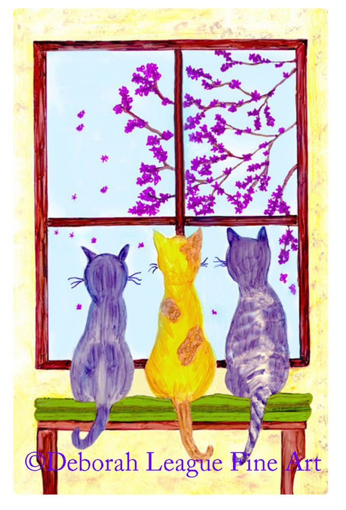 Whimsical painting features three watchful cats sitting on a green cushioned bench at the window, watching pink blossoms fall from the cherry tree outside. The warm colored wood of the window frame and bench with its green cushion, compliment the yellow ochre rag painted walls. Anyone who's ever lived with a cat can appreciate the alert body stance, cocked head and curled tails as these fascinating creatures observe the movement outside.