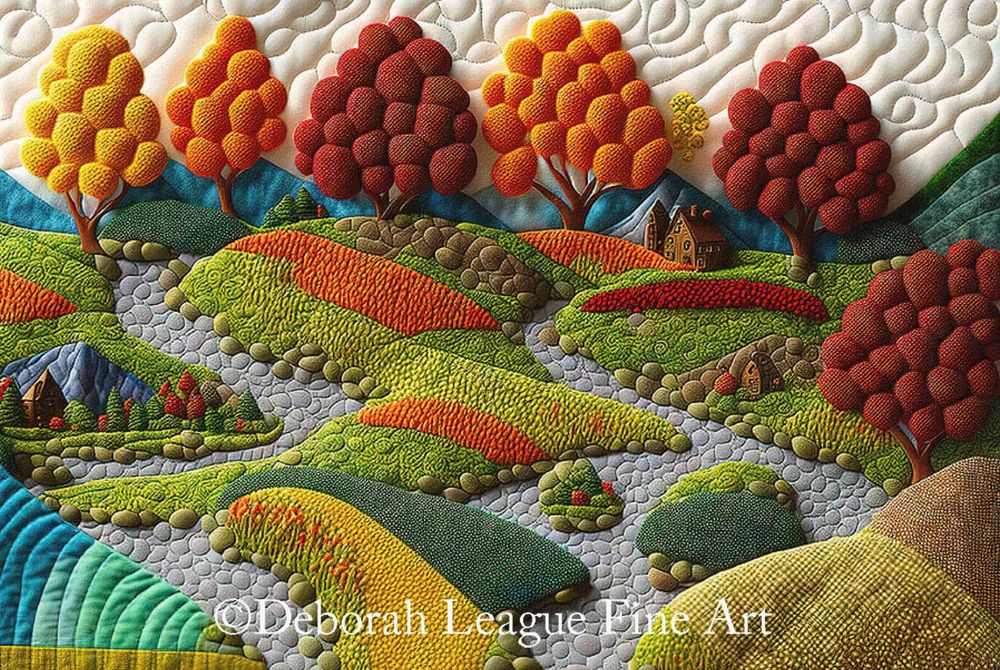 The Winding Road Home is a landscape that appears to be made of quilted fabric. The image features a cobblestone road that winds among rolling hills toward a cozy looking home nestled against trees dressed in autumn colors. In the foreground a small lake makes up the left side of the image. Nostalgic, whimsical landscape.