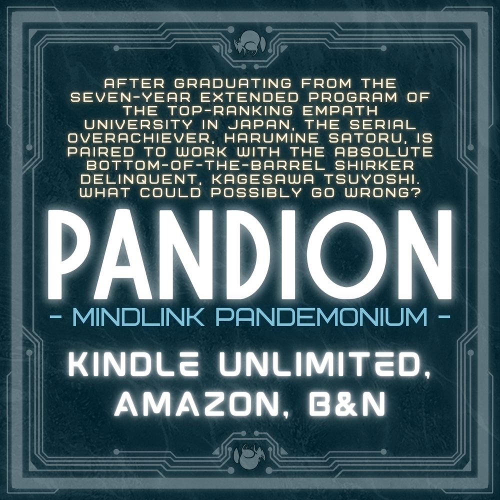 Info graphic with Pandion blurb and the text: Pandion - Mindlink pandemonium - kindle unlimited, amazon b&n