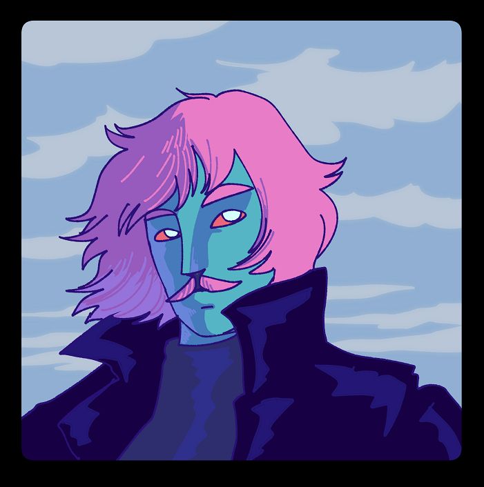 illustrated bust of Basil Lush, a man with turquoise skin and pink fluffy hair and moustache. it's a cloudy day and there is wind in his hair.