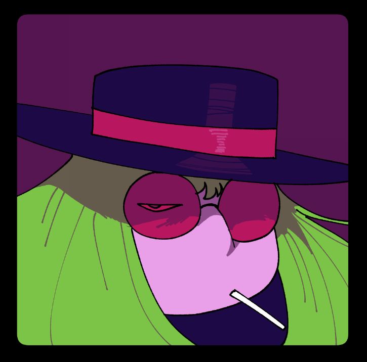 illustrated bust of Eric Flora, who wears a black bolero hat with a red trim and red, round tinted glasses with a lollipop stick in his mouth reminiscent of a cigarette. his long green hair billows slightly and he has a menacing look in his eye.