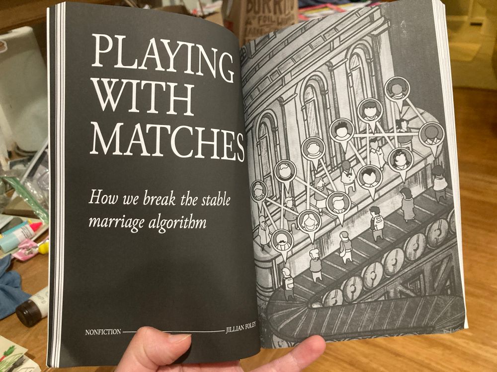 A hand holding open a book to a two-page spread. The left side is black with a white headline “PLAYING WITH MATCHES” and subhed “How we break the stable marriage algorithm.” The right page is a greyscale drawing of figures lined up in two rows, one on a conveyor belt, with a network graph superimposed above them connecting the figures together across the rows. 