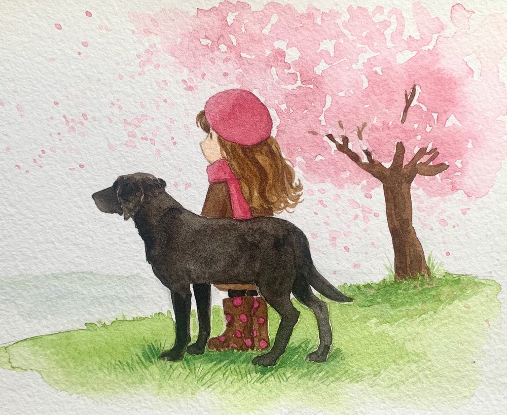Sandra Russell art watercolour illustration of a girl wearing a pink beret, brown coat and scarf standing next to a black labrador dog looking out towards the left of the image. Behind then is a cherry blossom tree shedding its petals. 