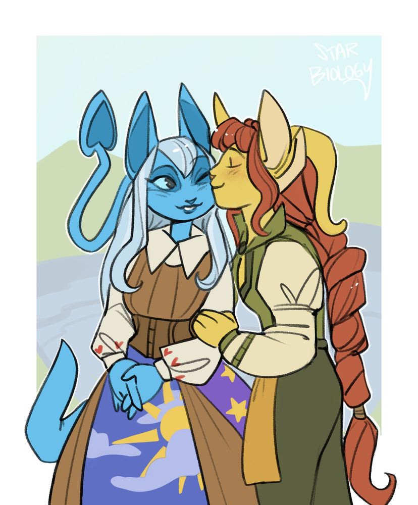 drawing of Jerdana and Fauna from neopets. Fauna is kissing Jerdanas cheek
