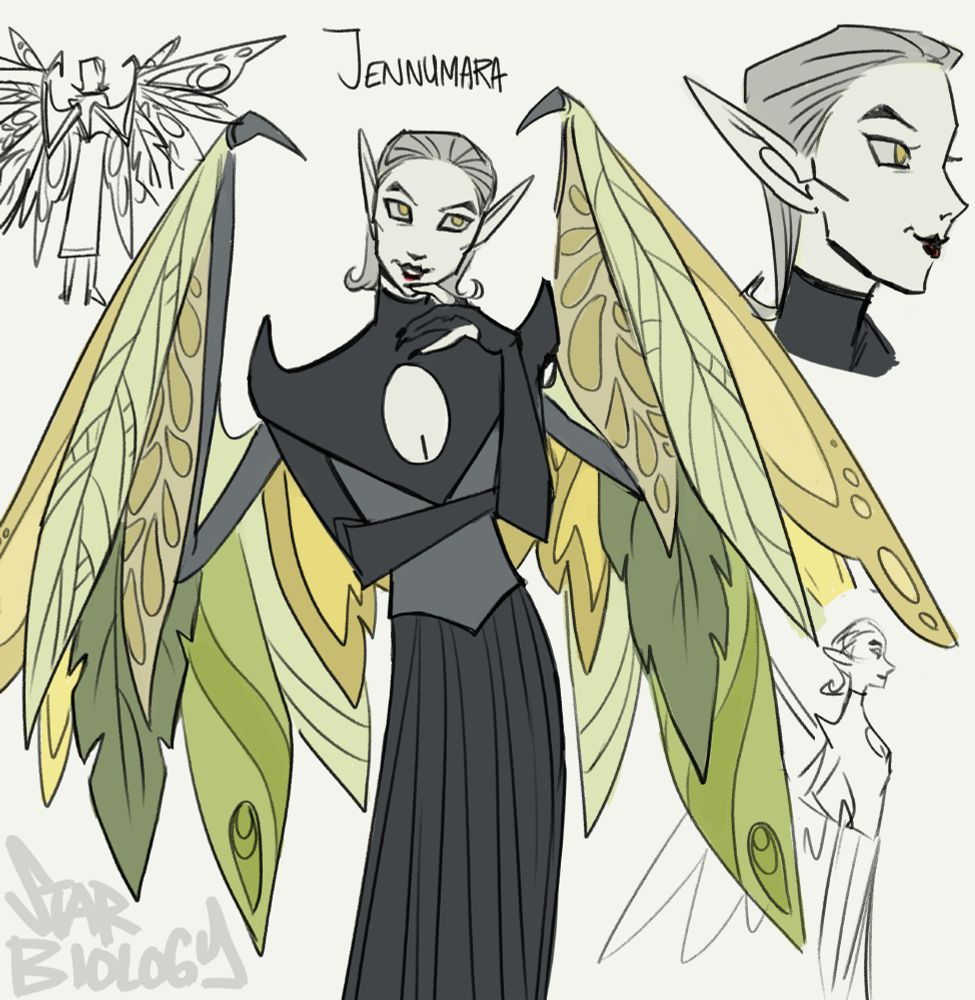 Drawing of Jennumara from Neopets. Jennumara is a faerie of unknown design who stole Baelia's wings. In this design she is a pale faerie with slicked back grey hair. Her wings are made of other faerie's wings she's stolen.