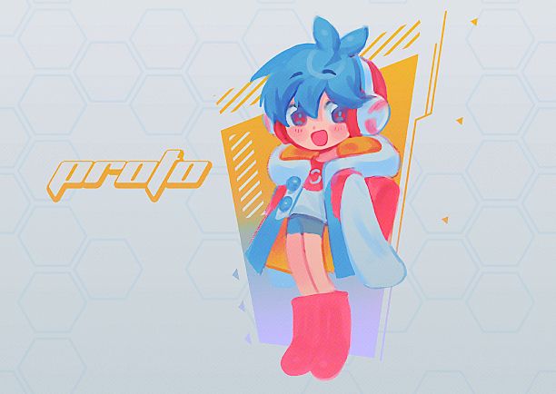 Illustration of my original character, Proto. He stands happily against a colorful, cybernetic background.