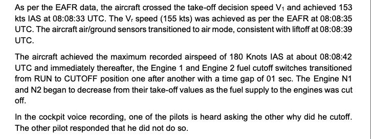 Excerpt from preliminary report into Air India crash, stating that one of the pilots apparently shut off fuel to both engines immediately after takeoff.