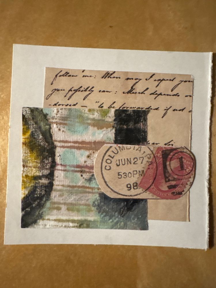 4“ x 4“ tiny collage with three elements in neutral colors and non-de script writing