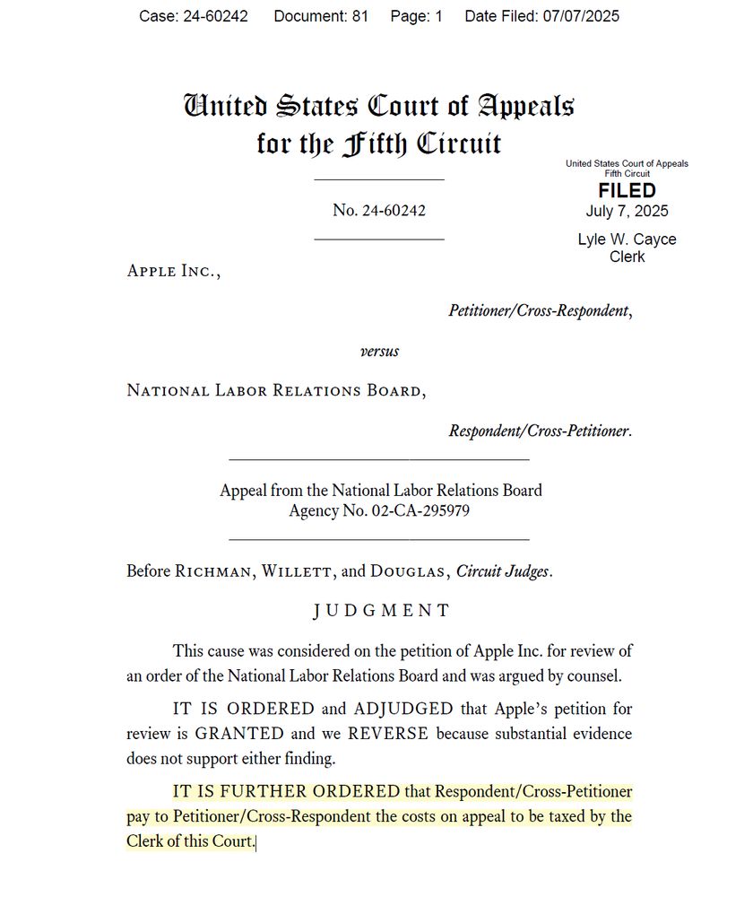 Order: IT IS FURTHER ORDERED that Respondent/Cross-Petitioner pay to Petitioner/Cross-Respondent the costs on appeal to be taxed by the Clerk of this Court.