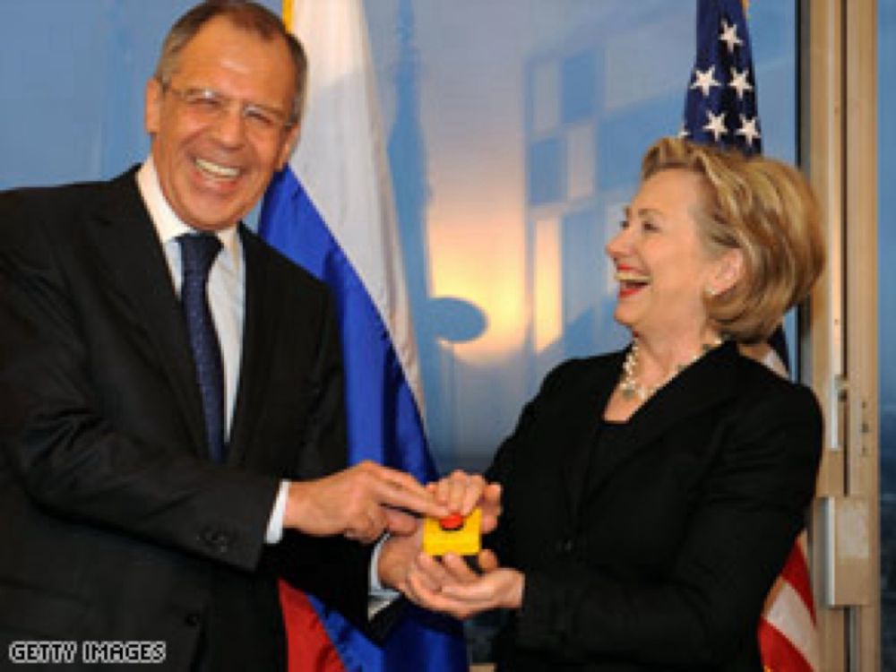 A photo of Hillary Clinton together with Sergei Lavrov pushing a button together as a symbol of “rebooting” of russian-US relationship