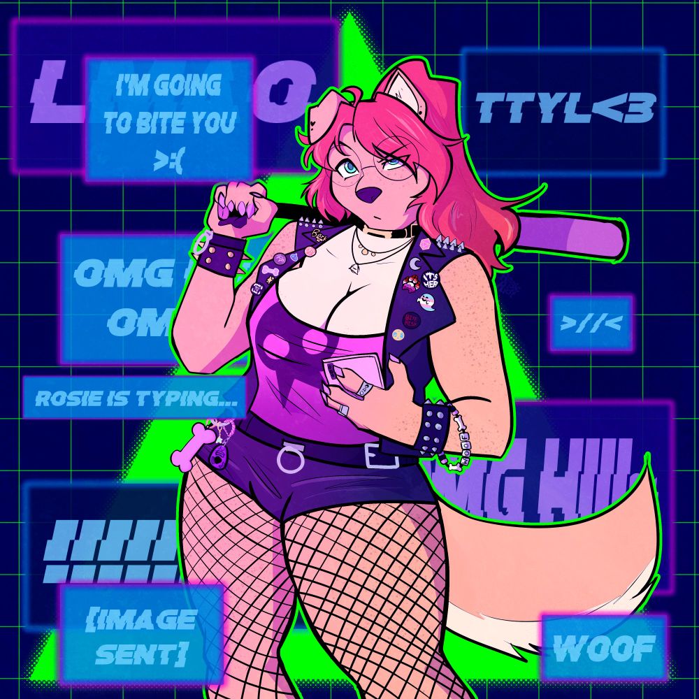 A furry puppy girl wearing a battlevest with a bunch of buttons and pins attached to it as she rests a bat over her shoulder and is texting on her phone.  Around her is a bunch of digital text boxes with various messages she's sending

koboldart furry fursona golden retriever tgirl trans woman transgender lesbian transbian pride pin it its she her puppy canine dog truesona digital art