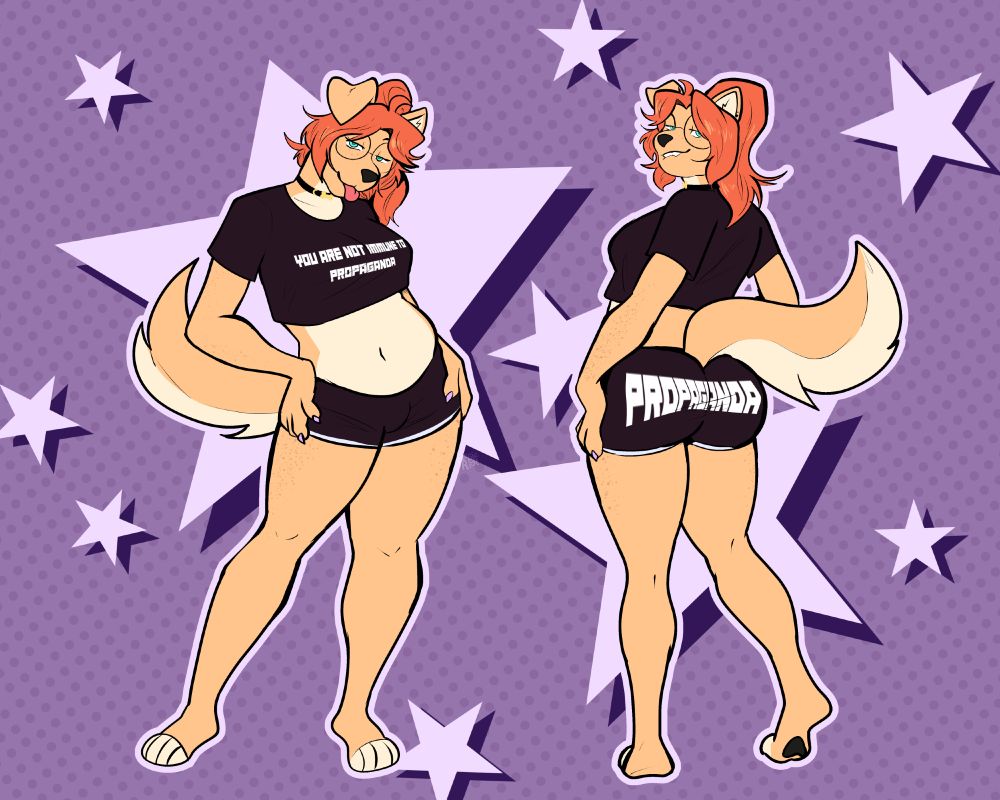 a drawing of a trans puppy girl wearing a "you are not immune to propaganda" crop top and next to the first drawing is another drawing of the same trans girl showing off her booty shorts that read in big letters "PROPAGANDA"

furry fursona tgirl trans girl transgender puppy girl puppygirl canine dog truesona