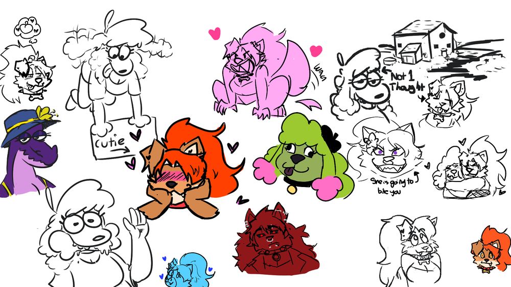 a drawing page filled with various furry dogs, werewolves, a wereyote, a purple reptile and a cabin