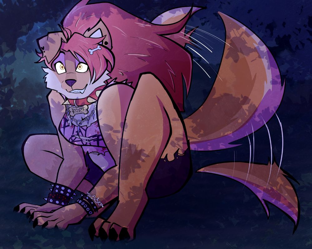 an excited looking werewolf girl wagging her tail as she looks up at someone or something off screen.  She's wearing a red collar with gold spikes, a spiked chain necklace, a ripped up PLAY RUFF crop top and a bunch of bracelets

koboldart werewolf weretober halloween october furry fursona lycan lycanthropy therian canine werepup digital art