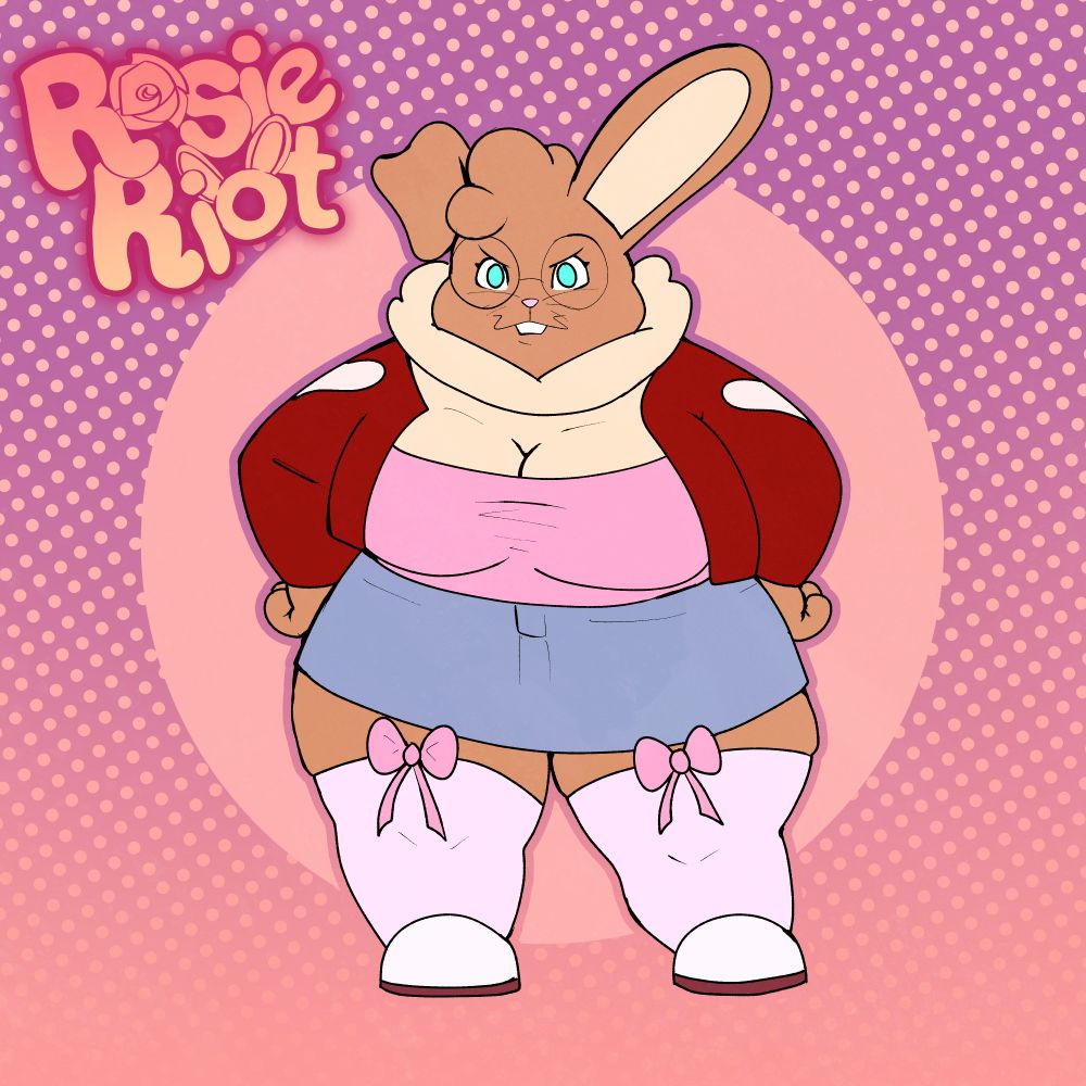 a small cute chubby bunny in a jean miniskirt with ribbon stockings, she's wearing a valentine red jacket with white hearts on either side koboldart furry fursona bunny rabbit trans transgender mtf tgirl digital art