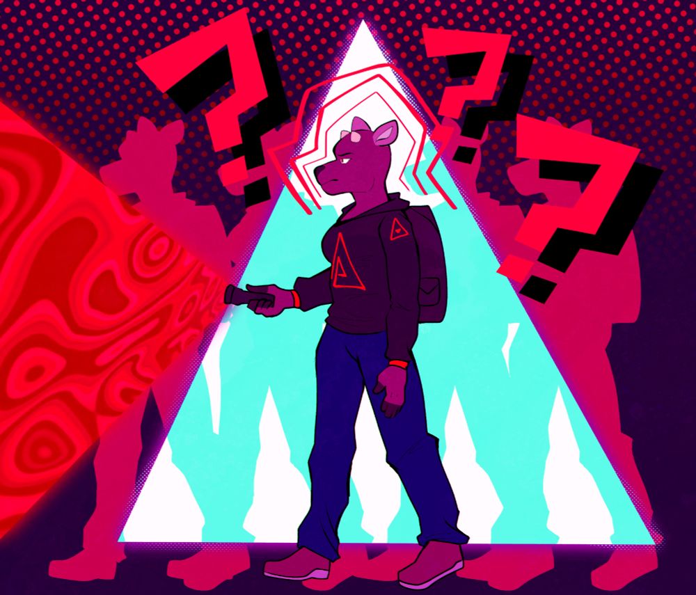 a deer character with shaved down horns holding a flashlight while there is red and triangle themes going on all over the piece

koboldart furry fursona ttrpg deer comm comms commission commissions open