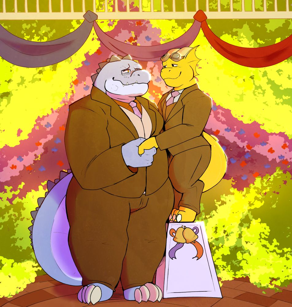 a wedding photo drawing of a kobold up on a platform with wedding bells as he stares lovinginly into the eyes of a big blue gator with glasses

koboldart comm commission comms commissions open digital art furry fursona wedding pride month furry fursona kobold gator alligator crocodile croc