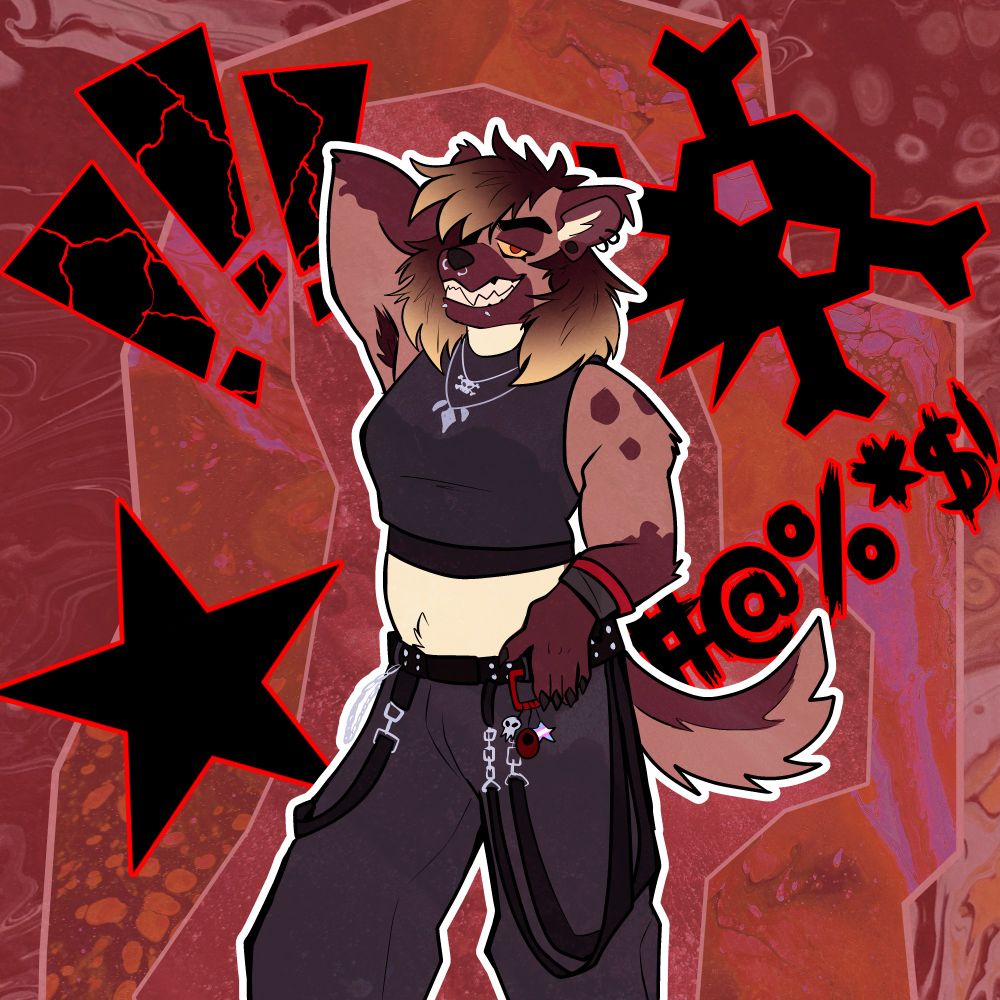 a butch trans woman hyena looking at the viewer with a grin.  She's got quite a few piercings as well as accesories including a carabiner on her left side

koboldart furry fursona hyena transbian trans lesbian woman butch transgender punk digital art
