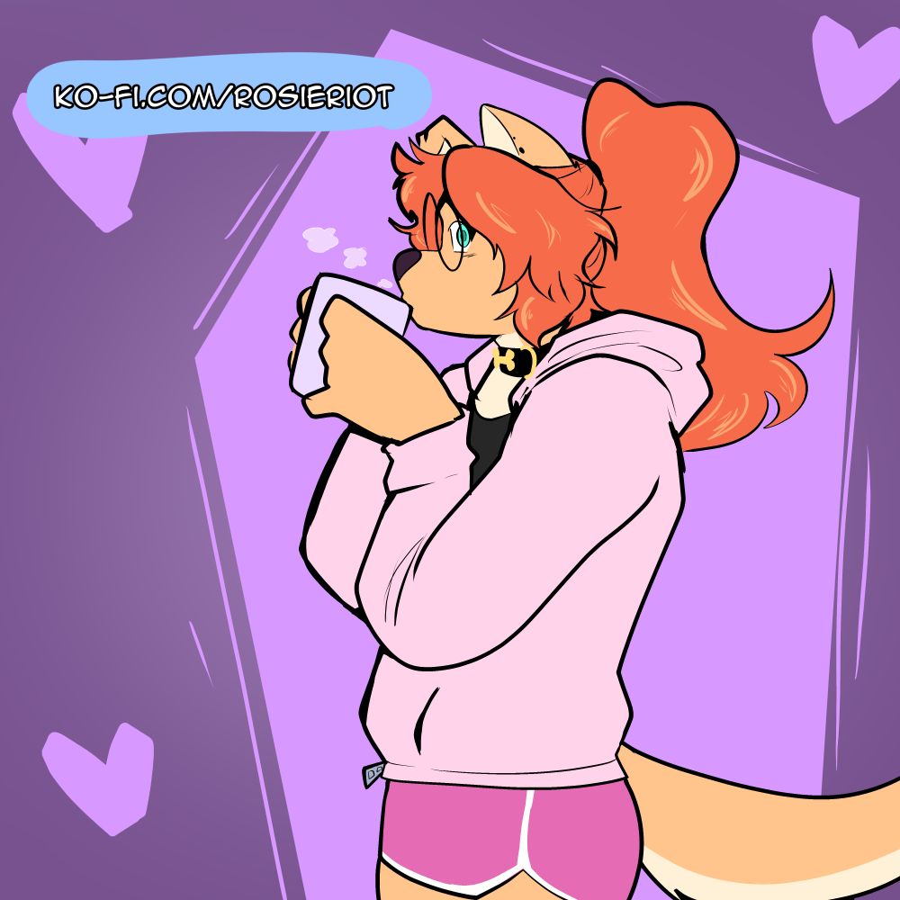 a trans furry puppy girl sipping on a hot drink as she looks at the camera my kofi is typed out next to her https://ko-fi.com/rosieriot

koboldart kofi support trans transgender tgirl trans woman furry fursona puppy canine golden retriever