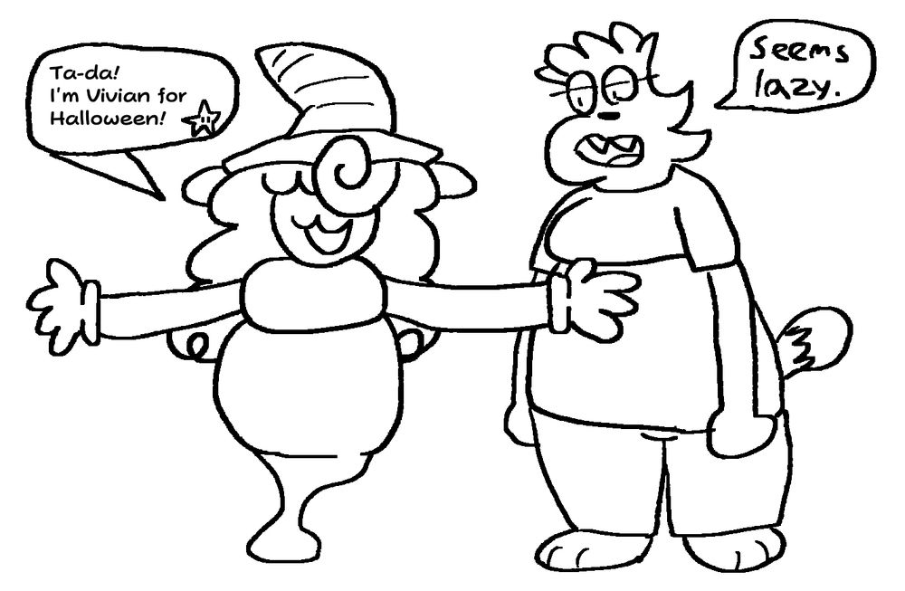 shadow kiki dressing up as vivian for halloween, though tori notes that that "seems lazy" cause all i really did was put a hat on myself and curled up a little bit of hair
