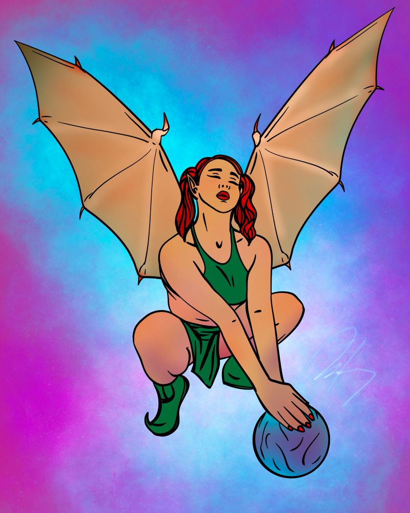Fairy with bat wings and red hair holding a blue ball. 