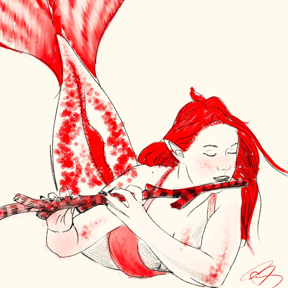 Red and white mermaid playing coral as if a flute. 