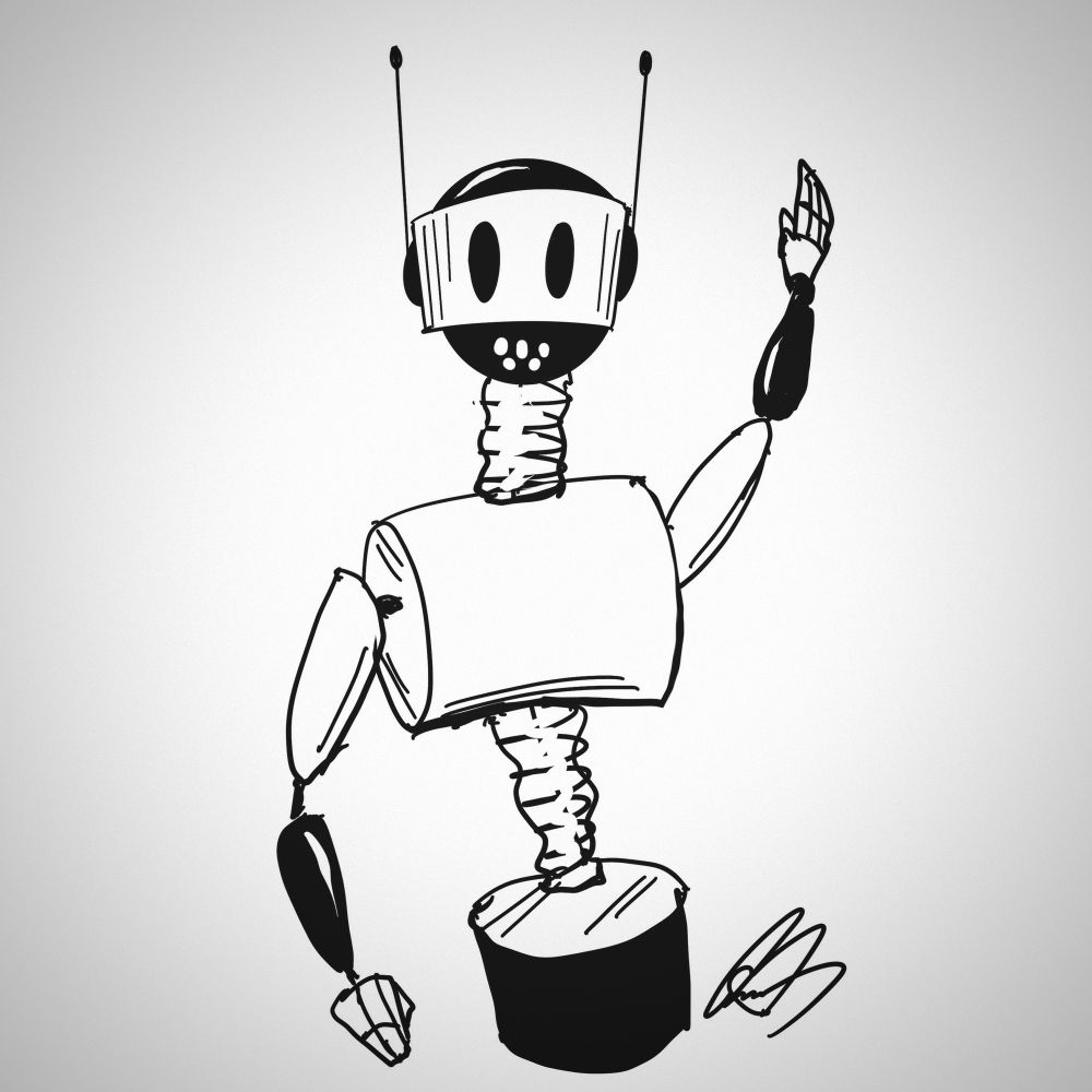 Black and white robot waving