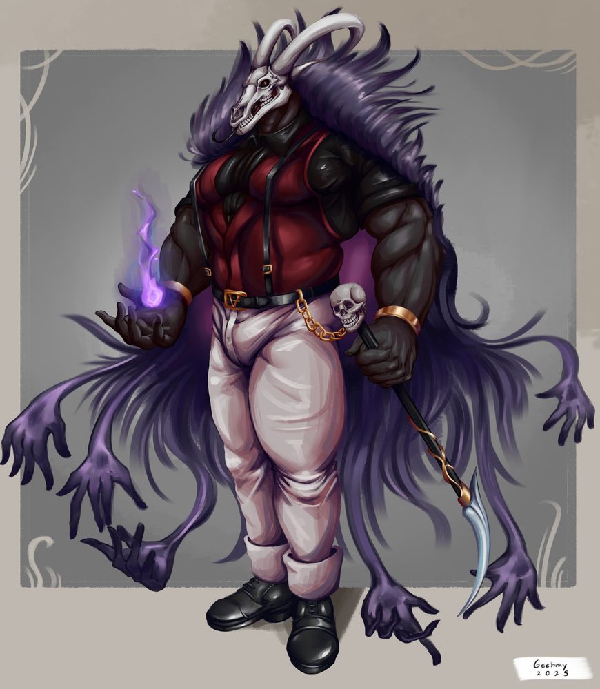 a muscular demon with a skull head. He wears a dark red vest and a black dress shirt beneath it with black suspenders. he wears a black belt with a gold buckle. he is carrying a cane/scythe with a skull at the top. he wears white pants, black dress shoes and a long, dark purple cloak that turns into hands at the bottom.